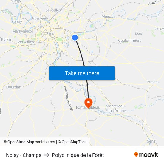 Noisy - Champs to Polyclinique de la Forêt map