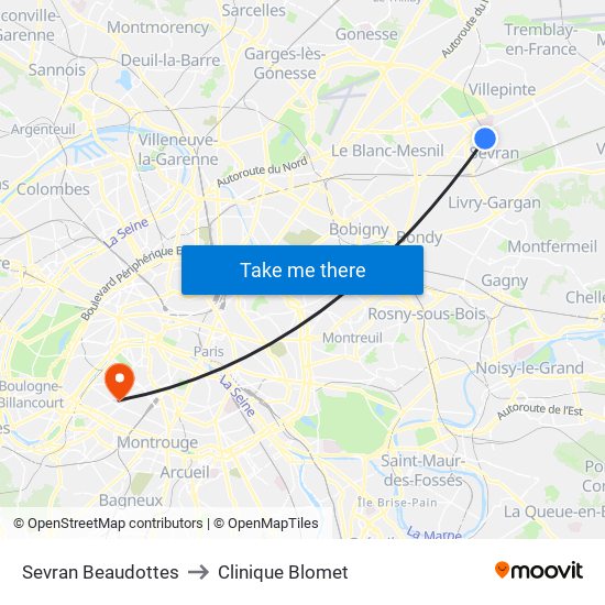 Sevran Beaudottes to Clinique Blomet map