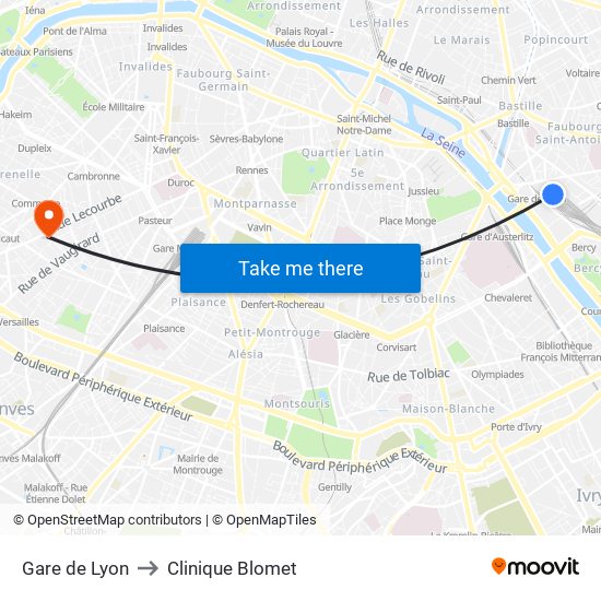 Gare de Lyon to Clinique Blomet map