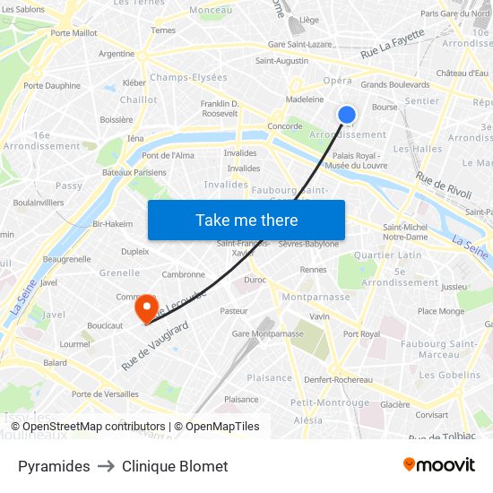 Pyramides to Clinique Blomet map