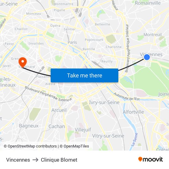 Vincennes to Clinique Blomet map