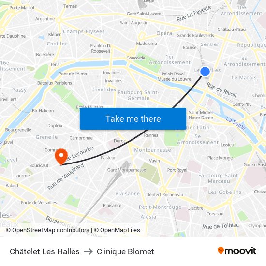 Châtelet Les Halles to Clinique Blomet map