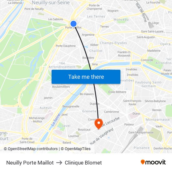 Neuilly Porte Maillot to Clinique Blomet map