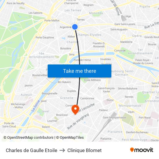 Charles de Gaulle Etoile to Clinique Blomet map