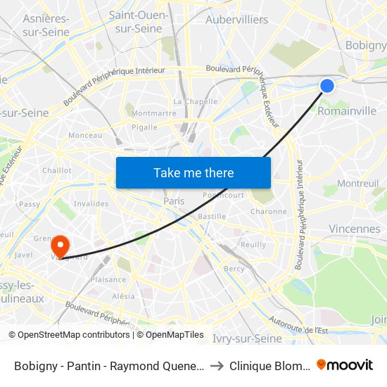 Bobigny - Pantin - Raymond Queneau to Clinique Blomet map