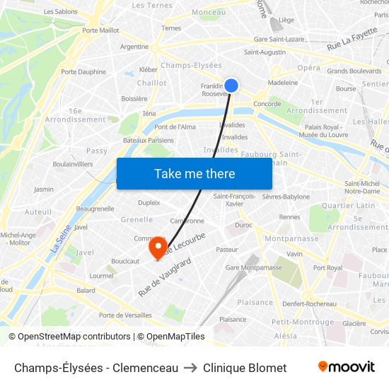 Champs-Élysées - Clemenceau to Clinique Blomet map