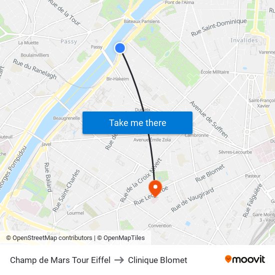 Champ de Mars Tour Eiffel to Clinique Blomet map