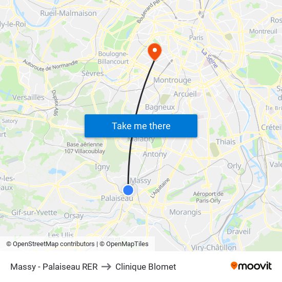 Massy - Palaiseau RER to Clinique Blomet map