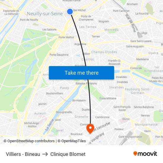 Villiers - Bineau to Clinique Blomet map