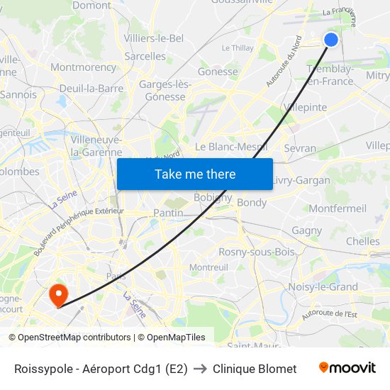 Roissypole - Aéroport Cdg1 (E2) to Clinique Blomet map