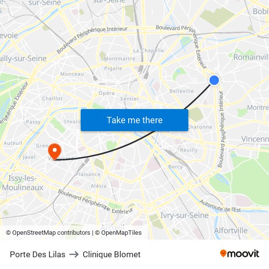 Porte Des Lilas to Clinique Blomet map
