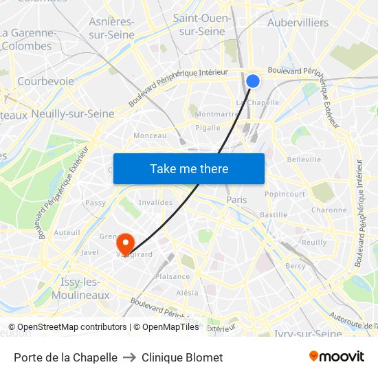 Porte de la Chapelle to Clinique Blomet map