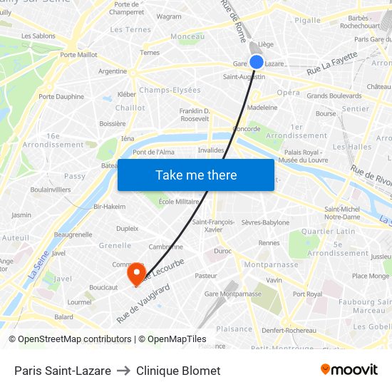 Paris Saint-Lazare to Clinique Blomet map