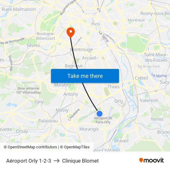 Aéroport Orly 1-2-3 to Clinique Blomet map