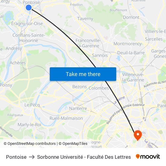 Pontoise to Sorbonne Université - Faculté Des Lettres map