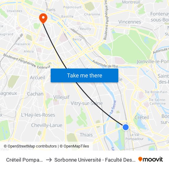 Créteil Pompadour to Sorbonne Université - Faculté Des Lettres map
