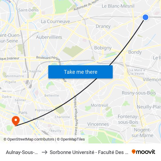 Aulnay-Sous-Bois to Sorbonne Université - Faculté Des Lettres map