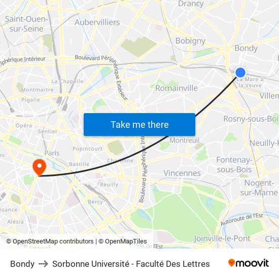 Bondy to Sorbonne Université - Faculté Des Lettres map