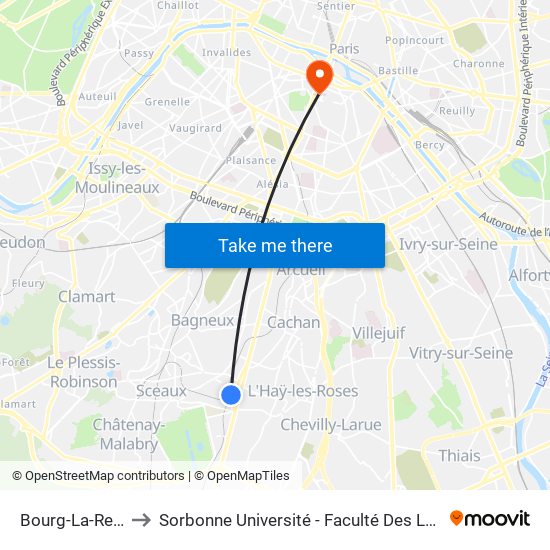 Bourg-La-Reine to Sorbonne Université - Faculté Des Lettres map