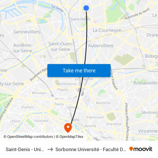 Saint-Denis - Université to Sorbonne Université - Faculté Des Lettres map