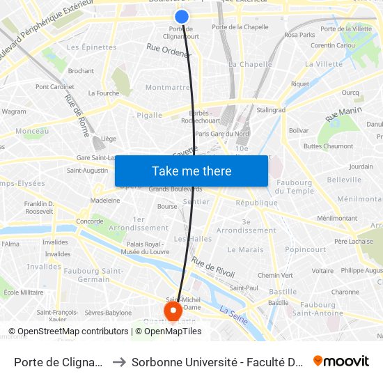 Porte de Clignancourt to Sorbonne Université - Faculté Des Lettres map