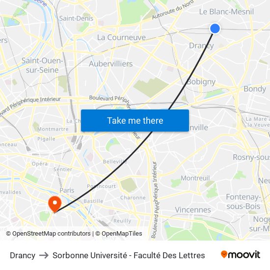 Drancy to Sorbonne Université - Faculté Des Lettres map
