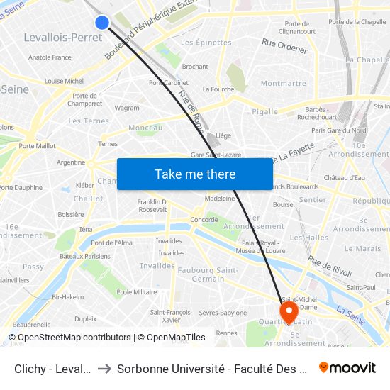 Clichy - Levallois to Sorbonne Université - Faculté Des Lettres map