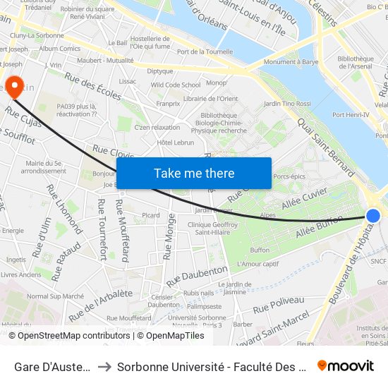 Gare D'Austerlitz to Sorbonne Université - Faculté Des Lettres map