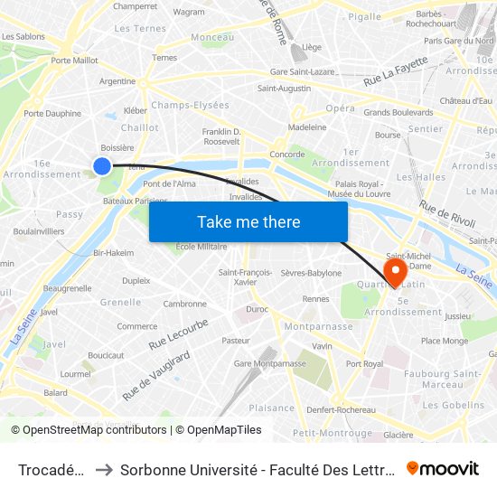 Trocadéro to Sorbonne Université - Faculté Des Lettres map