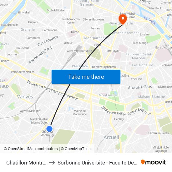 Châtillon-Montrouge to Sorbonne Université - Faculté Des Lettres map