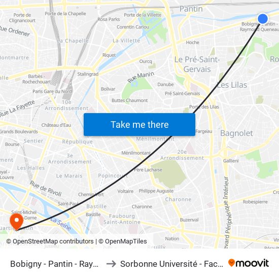 Bobigny - Pantin - Raymond Queneau to Sorbonne Université - Faculté Des Lettres map
