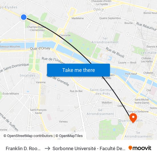 Franklin D. Roosevelt to Sorbonne Université - Faculté Des Lettres map