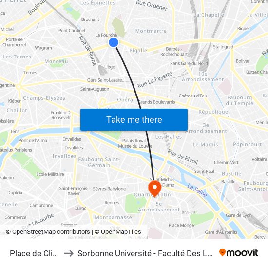 Place de Clichy to Sorbonne Université - Faculté Des Lettres map