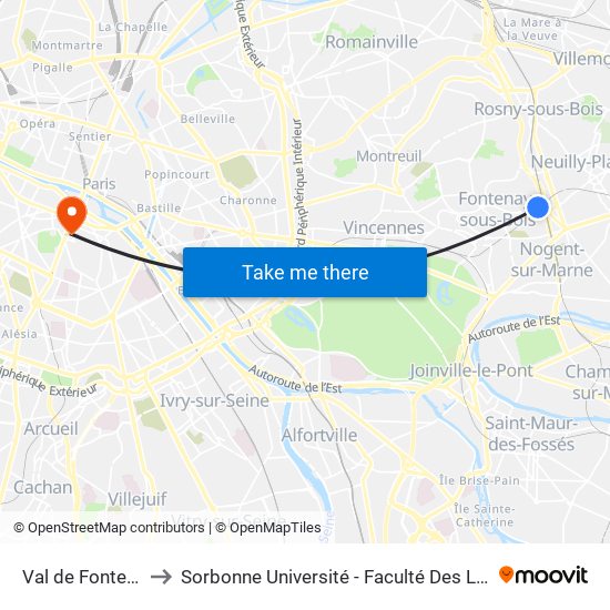 Val de Fontenay to Sorbonne Université - Faculté Des Lettres map