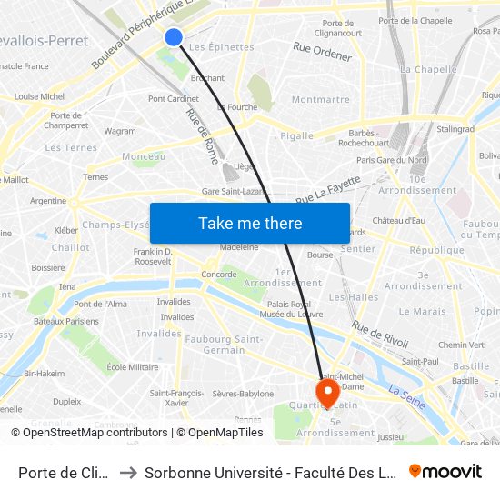 Porte de Clichy to Sorbonne Université - Faculté Des Lettres map