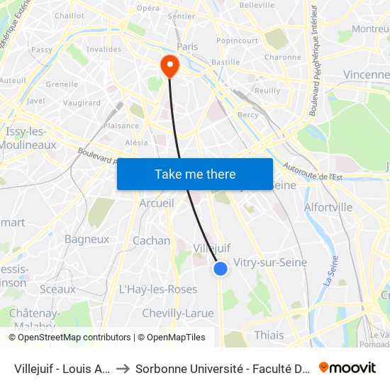 Villejuif - Louis Aragon to Sorbonne Université - Faculté Des Lettres map