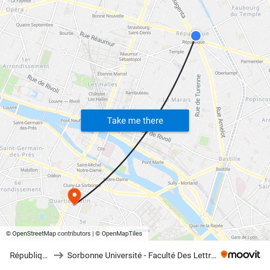 République to Sorbonne Université - Faculté Des Lettres map