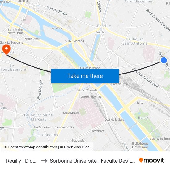 Reuilly - Diderot to Sorbonne Université - Faculté Des Lettres map