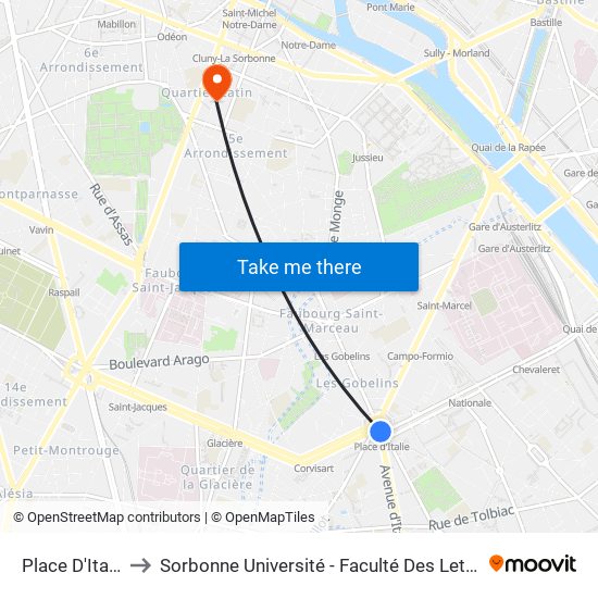 Place D'Italie to Sorbonne Université - Faculté Des Lettres map