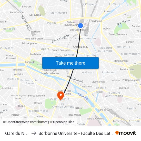 Gare du Nord to Sorbonne Université - Faculté Des Lettres map