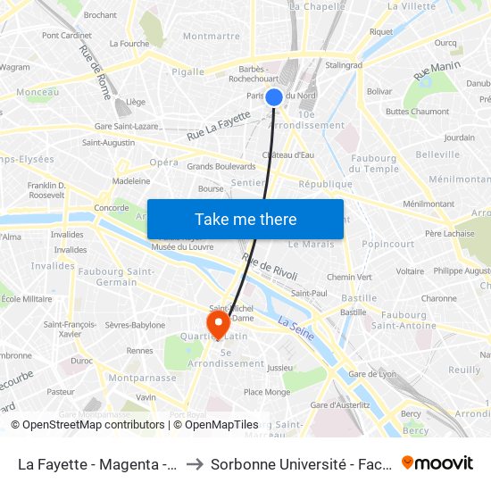 La Fayette - Magenta - Gare du Nord to Sorbonne Université - Faculté Des Lettres map
