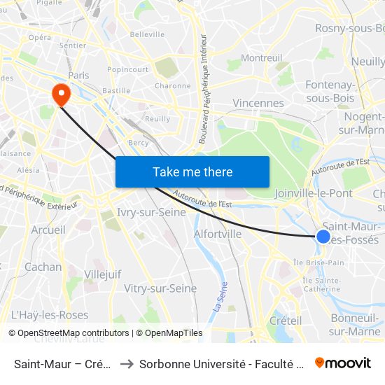 Saint-Maur – Créteil RER to Sorbonne Université - Faculté Des Lettres map