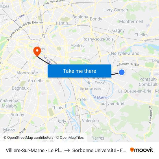 Villiers-Sur-Marne - Le Plessis-Trévise RER to Sorbonne Université - Faculté Des Lettres map