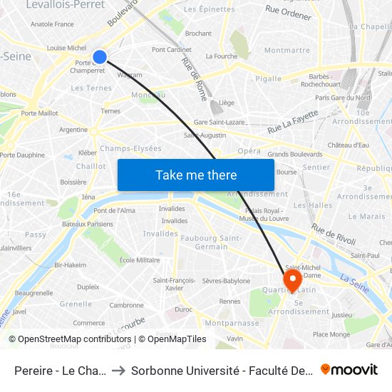 Pereire - Le Chatelier to Sorbonne Université - Faculté Des Lettres map