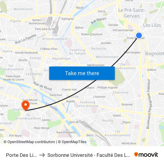 Porte Des Lilas to Sorbonne Université - Faculté Des Lettres map