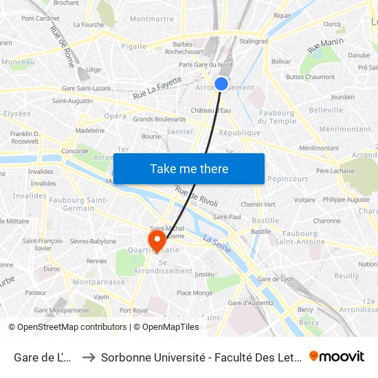 Gare de L'Est to Sorbonne Université - Faculté Des Lettres map