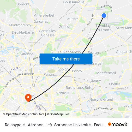 Roissypole - Aéroport Cdg1 (G1) to Sorbonne Université - Faculté Des Lettres map