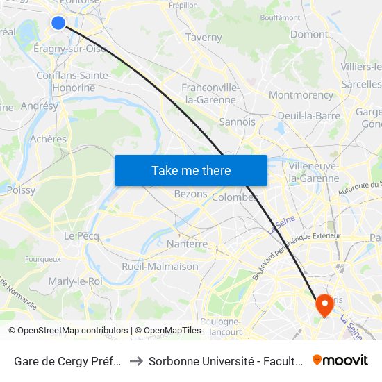 Gare de Cergy Préfecture (C) to Sorbonne Université - Faculté Des Lettres map