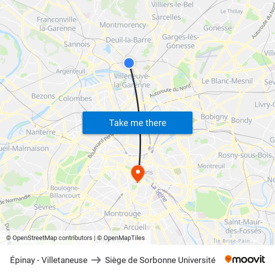 Épinay - Villetaneuse to Siège de Sorbonne Université map