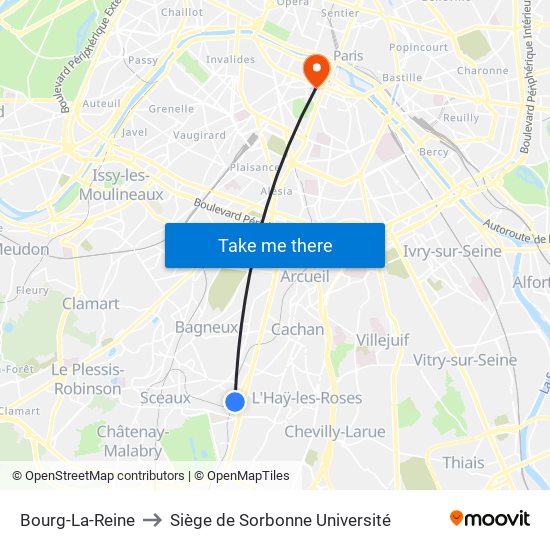 Bourg-La-Reine to Siège de Sorbonne Université map